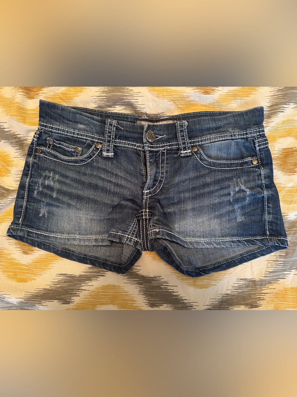 BKE Stella Dark Blue Denim Shorts with White Stitching. Size 28